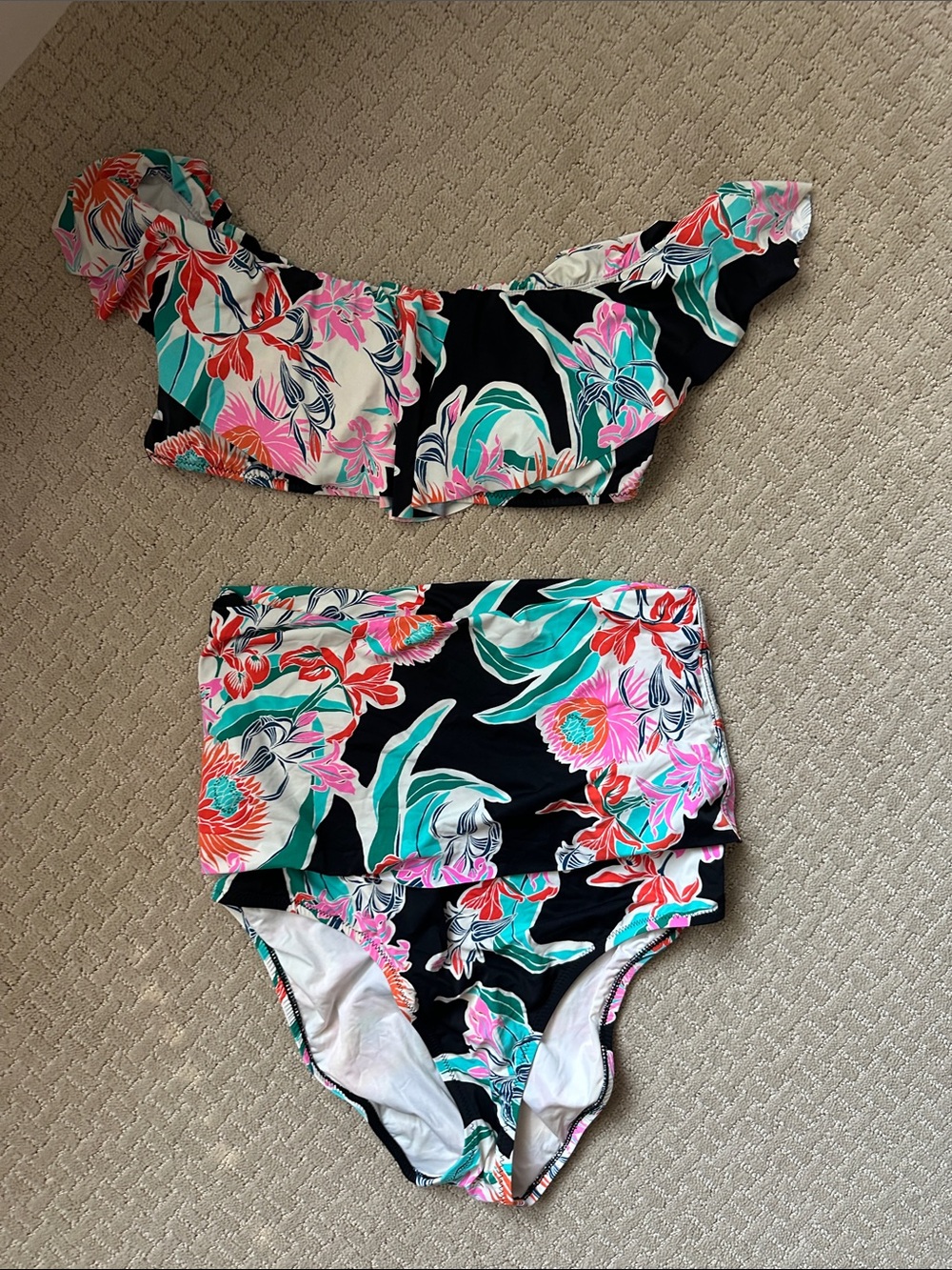 Trina Turk Floral Off-Shoulder High-Waist Bikini Set - Black with Teal & Pink